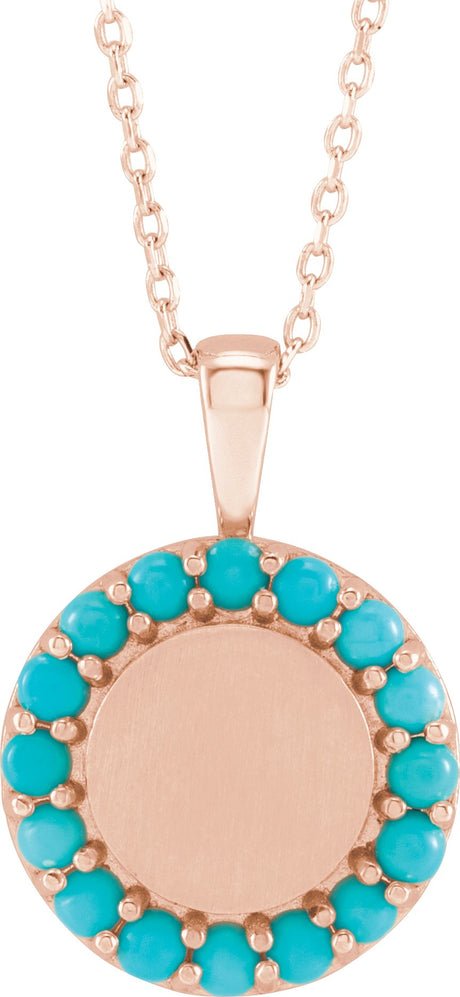 14K Gold Round Natural Turquoise Engravable Halo-Style Necklace or Pendant - Rose Gold