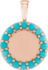 14K Gold Round Natural Turquoise Engravable Halo-Style Necklace or Pendant - Rose Gold