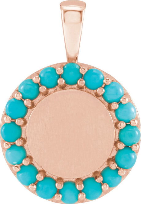 14K Gold Round Natural Turquoise Engravable Halo-Style Necklace or Pendant - Rose Gold