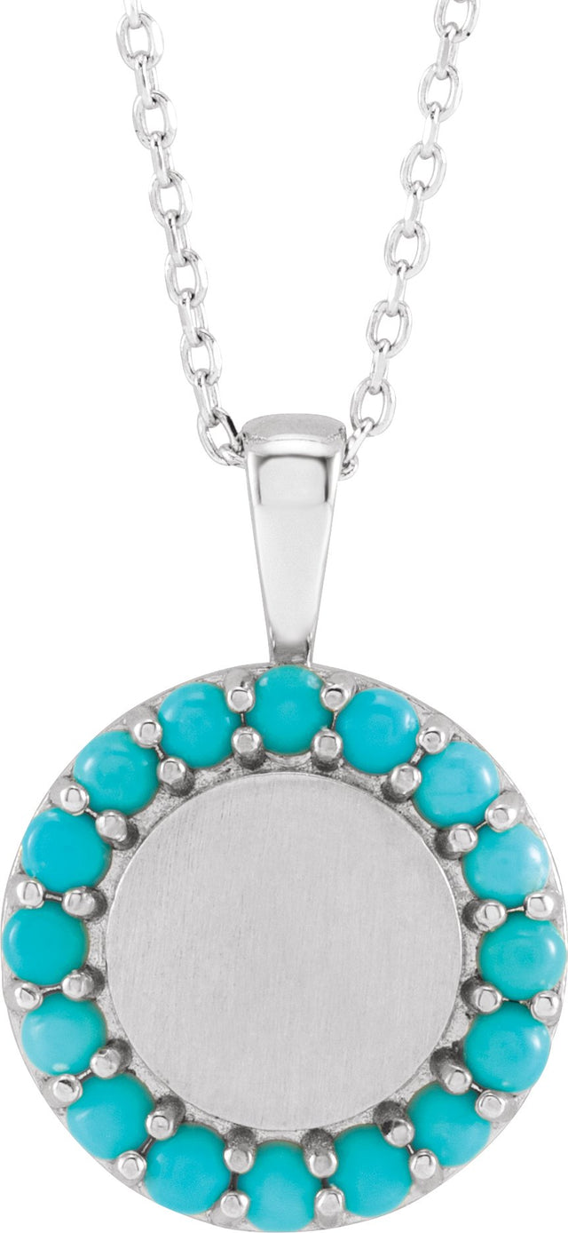 14K Gold Round Natural Turquoise Engravable Halo-Style Necklace or Pendant - White Gold