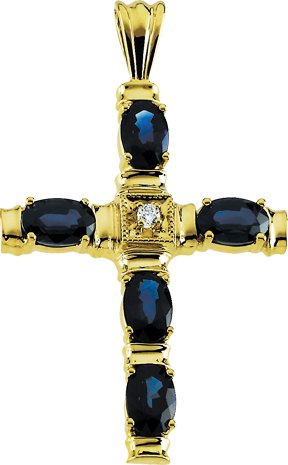 14K Gold Oval Natural Blue Sapphire & Natural Diamond Accented Cross Pendant
