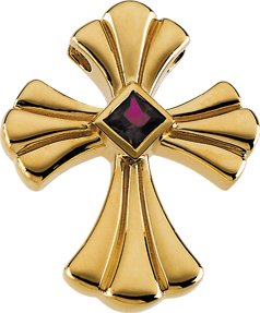 14K Gold Square Natural Ruby Solitaire Cross Pendant