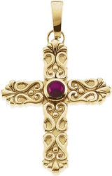 14K Gold Round Natural Ruby Solitaire Cross Pendant V