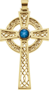 14K Gold Round Natural Blue Star Sapphire Celtic-Inspired Cross Pendant - Yellow Gold