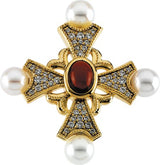 14K Gold Oval Natural Mozambique Garnet & Cultured White Akoya Pearl & Natural Diamond Vintage-Inspired Pearl Cross Pendant
