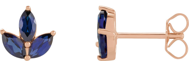 14K Gold Natural Blue Sapphire Marquise 2-Prong Cluster Earrings - Rose Gold