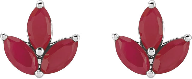 14K Gold Natural Ruby Marquise 2-Prong Cluster Earrings - White Gold - view 2