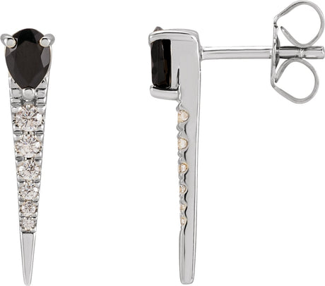14K Gold Pear Natural Black Onyx & Natural Diamond Spike Earrings - White Gold
