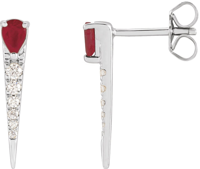 14K Gold Pear Natural Ruby & Natural Diamond Spike Earrings - White Gold