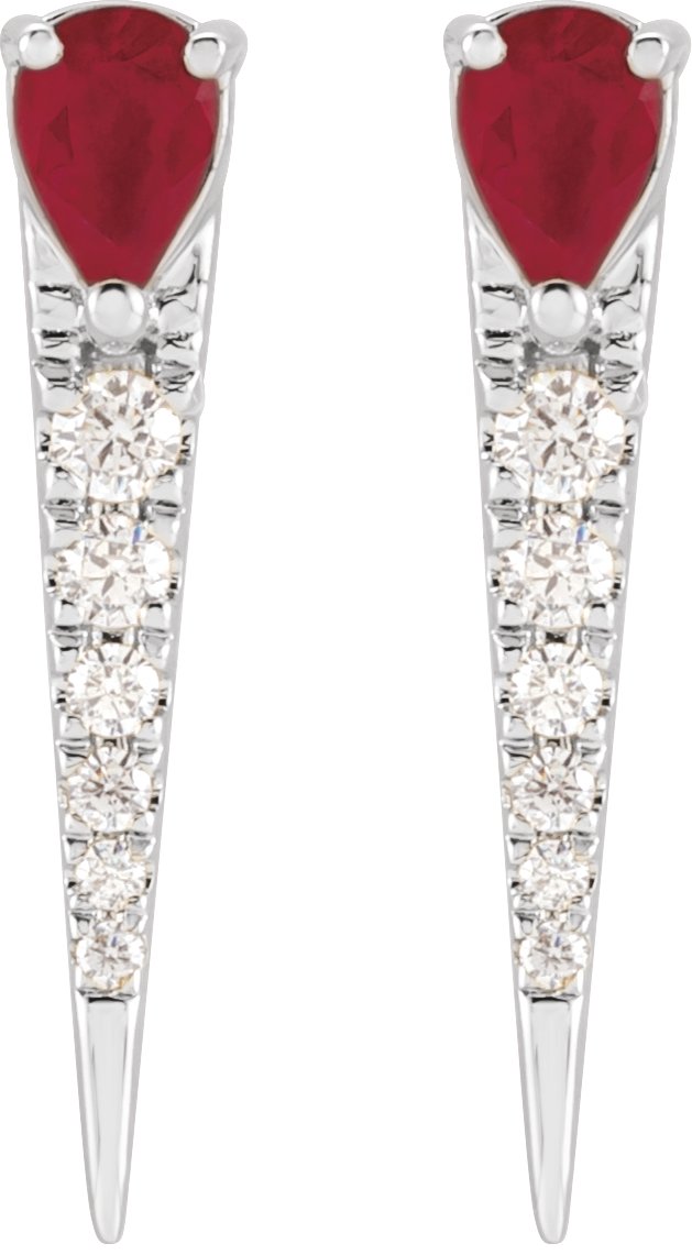 14K Gold Pear Natural Ruby & Natural Diamond Spike Earrings - White Gold - view 2