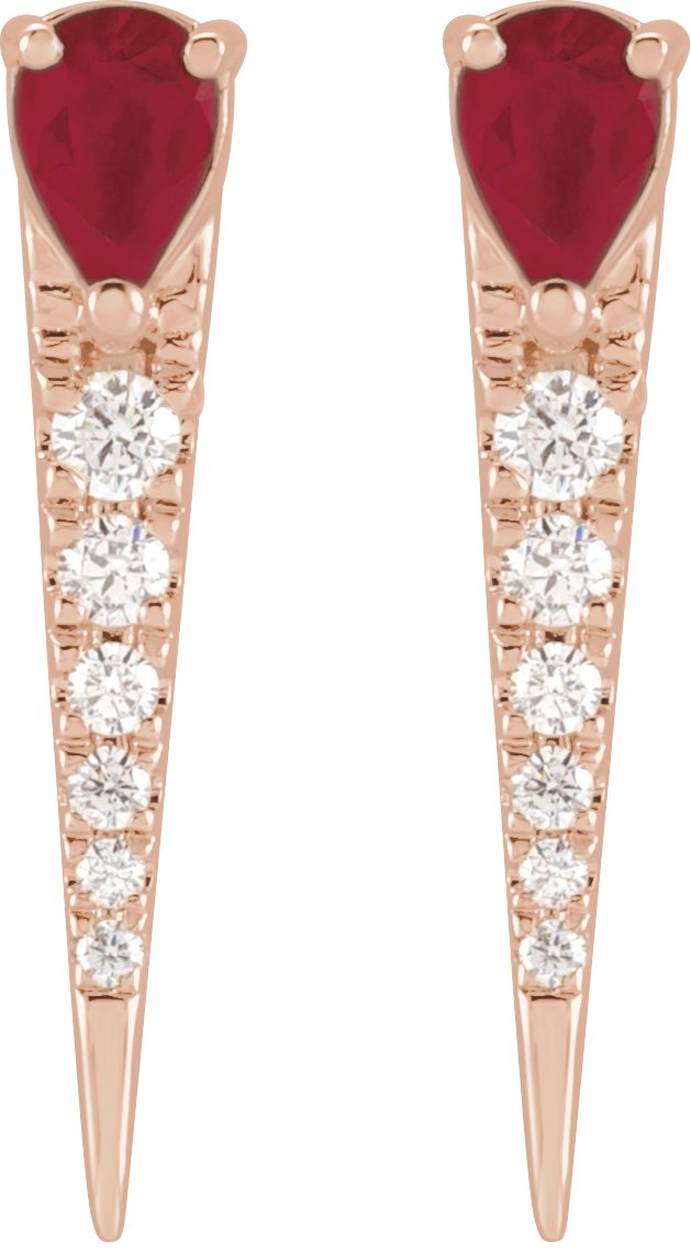 14K Gold Pear Natural Ruby & Natural Diamond Spike Earrings - Rose Gold - view 2