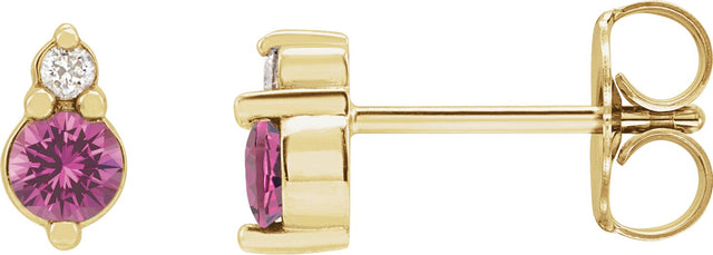 14K Gold Round Natural Pink Sapphire & Natural Diamond Accented Earrings - Yellow Gold