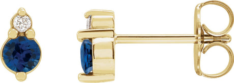 14K Gold Round Natural Blue Sapphire & Natural Diamond Accented Earrings III - Yellow Gold
