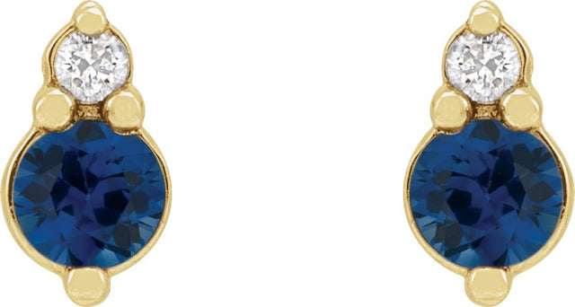 14K Gold Round Natural Blue Sapphire & Natural Diamond Accented Earrings III - Yellow Gold - view 2