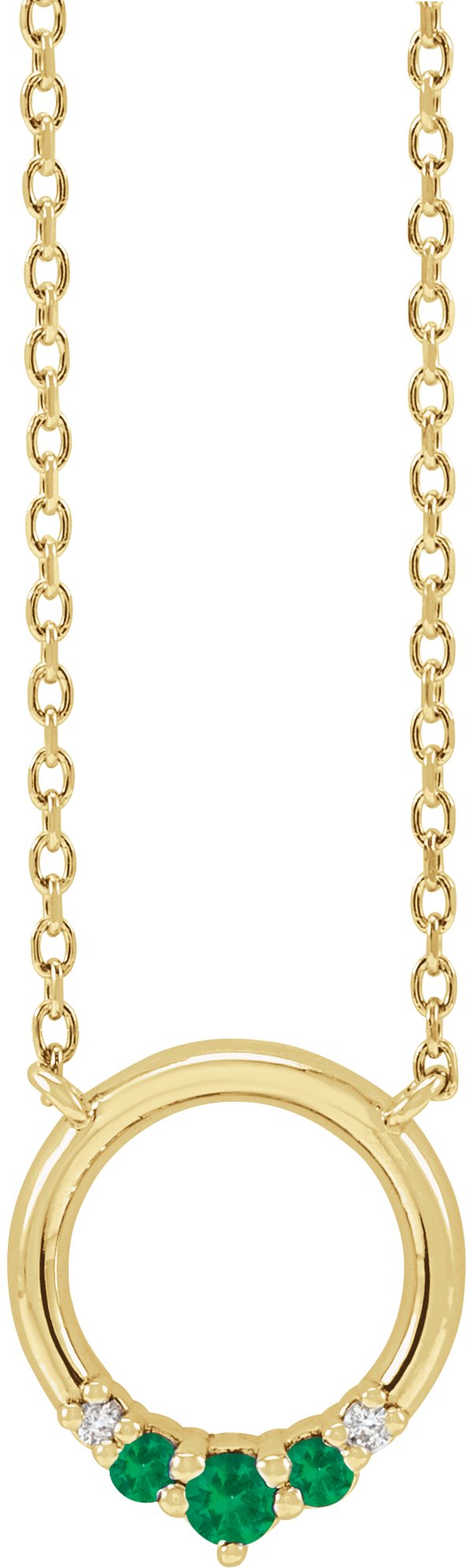14K Gold Round Natural Emerald & Natural Diamond Circle Necklace - Yellow Gold