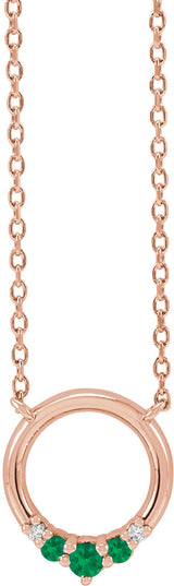 14K Gold Round Natural Emerald & Natural Diamond Circle Necklace - Rose Gold