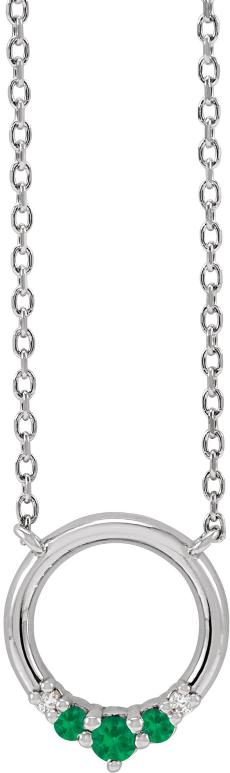 Platinum Round Natural Emerald & Natural Diamond Circle Necklace