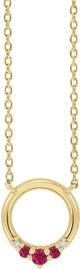 14K Gold Round Natural Ruby & Natural Diamond Circle Necklace - Yellow Gold
