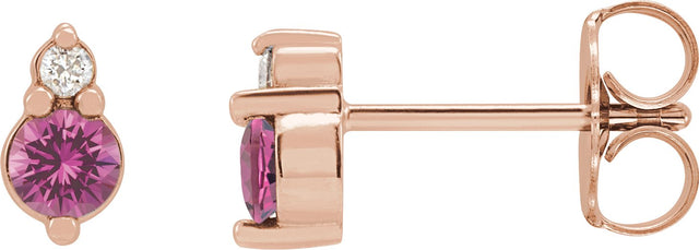 14K Gold Round Natural Pink Sapphire & Natural Diamond Accented Earrings - Rose Gold