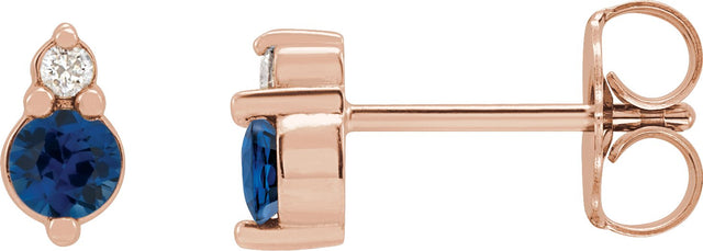 14K Gold Round Natural Blue Sapphire & Natural Diamond Accented Earrings III - Rose Gold