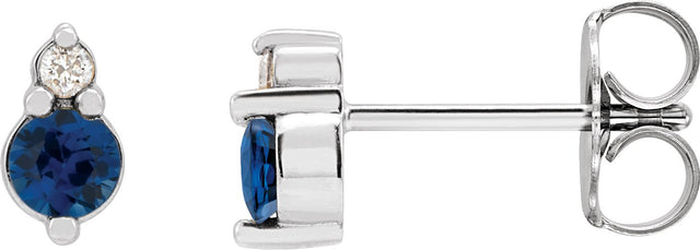 Platinum Round Natural Blue Sapphire & Natural Diamond Accented Earrings