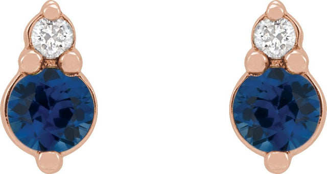 14K Gold Round Natural Blue Sapphire & Natural Diamond Accented Earrings III - Rose Gold - view 2
