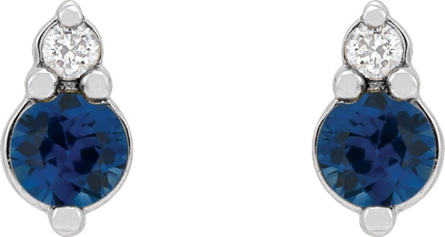 14K Gold Round Natural Blue Sapphire & Natural Diamond Accented Earrings III - White Gold - view 2