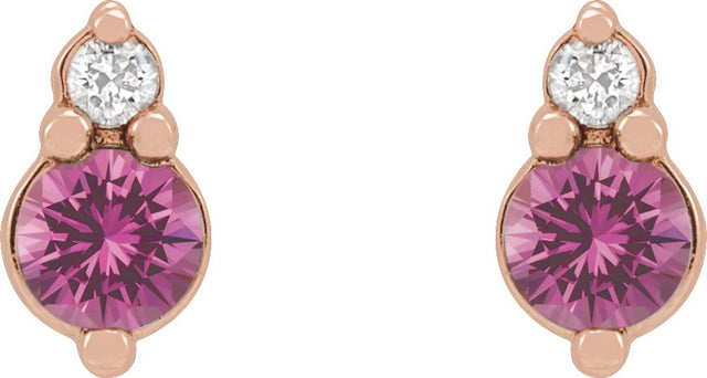 14K Gold Round Natural Pink Sapphire & Natural Diamond Accented Earrings - Rose Gold - view 2
