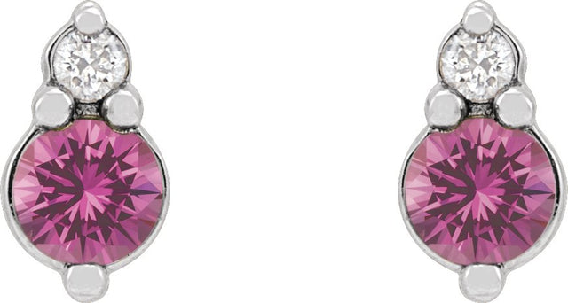 Platinum Round Natural Pink Sapphire & Natural Diamond Accented Earrings - view 2