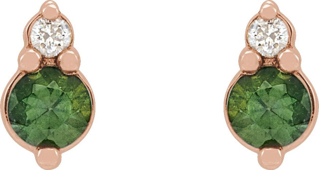 14K Gold Round Natural Green Sapphire & Natural Diamond Accented Earrings – 3mm Stones - Rose Gold - view 2