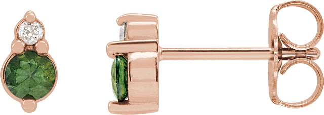 14K Gold Round Natural Green Sapphire & Natural Diamond Accented Earrings – 3mm Stones - Rose Gold