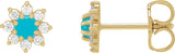 14K Gold Round Natural Turquoise & Natural Diamond Cabochon Flower Earrings - Yellow Gold