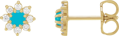 14K Gold Round Natural Turquoise & Natural Diamond Cabochon Flower Earrings - Yellow Gold