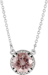 14K Gold Round Natural Morganite & Natural Diamond Halo-Style Necklace - White Gold