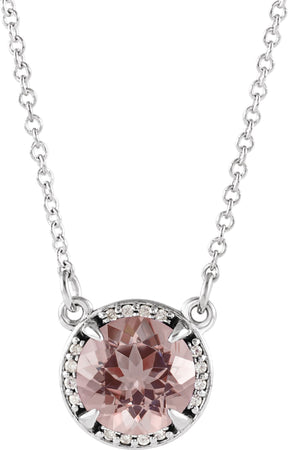 Platinum Round Natural Morganite & Natural Diamond Halo-Style Necklace