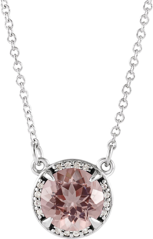 Platinum Round Natural Morganite & Natural Diamond Halo-Style Necklace