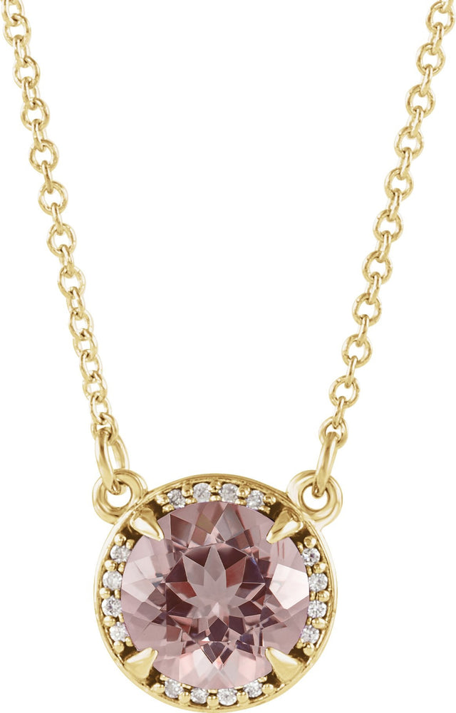 14K Gold Round Natural Morganite & Natural Diamond Halo-Style Necklace - Yellow Gold