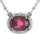 14K Gold Oval Natural Rhodolite Garnet & Natural Diamond Halo-Style Necklace – 0.07 CTW - White Gold