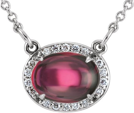14K Gold Oval Natural Rhodolite Garnet & Natural Diamond Halo-Style Necklace – 0.07 CTW - White Gold