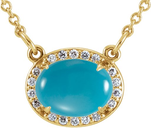 14K Gold Oval Natural Turquoise & Natural Diamond Halo-Style Necklace - Yellow Gold