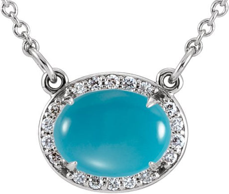 14K Gold Oval Natural Turquoise & Natural Diamond Halo-Style Necklace - White Gold