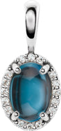 14K Gold Natural London Blue Topaz & Natural Diamond Oval 4-Prong Halo-Style Cabochon Pendant - White Gold