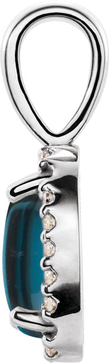 Platinum Natural London Blue Topaz & Natural Diamond Oval 4-Prong Halo-Style Cabochon Pendant - view 2