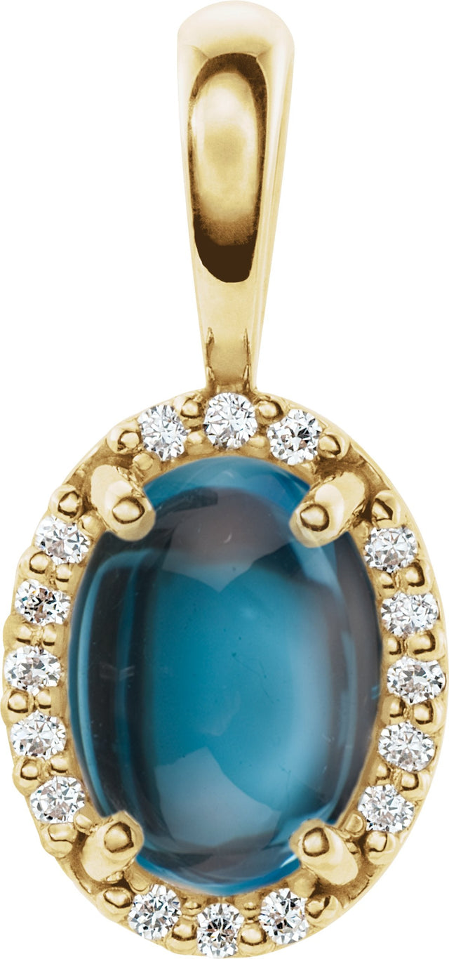 14K Gold Natural London Blue Topaz & Natural Diamond Oval 4-Prong Halo-Style Cabochon Pendant - Yellow Gold
