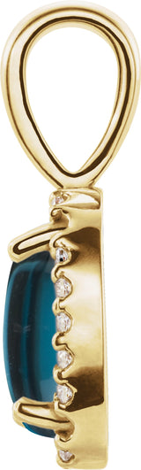 14K Gold Natural London Blue Topaz & Natural Diamond Oval 4-Prong Halo-Style Cabochon Pendant - Yellow Gold - view 2