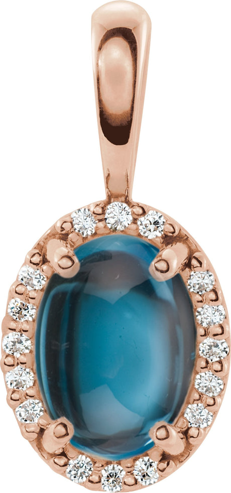 14K Gold Natural London Blue Topaz & Natural Diamond Oval 4-Prong Halo-Style Cabochon Pendant - Rose Gold