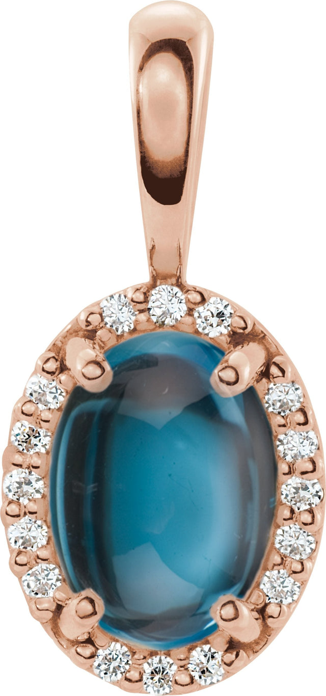 14K Gold Natural London Blue Topaz & Natural Diamond Oval 4-Prong Halo-Style Cabochon Pendant - Rose Gold