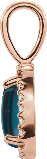 14K Gold Natural London Blue Topaz & Natural Diamond Oval 4-Prong Halo-Style Cabochon Pendant - Rose Gold - view 2