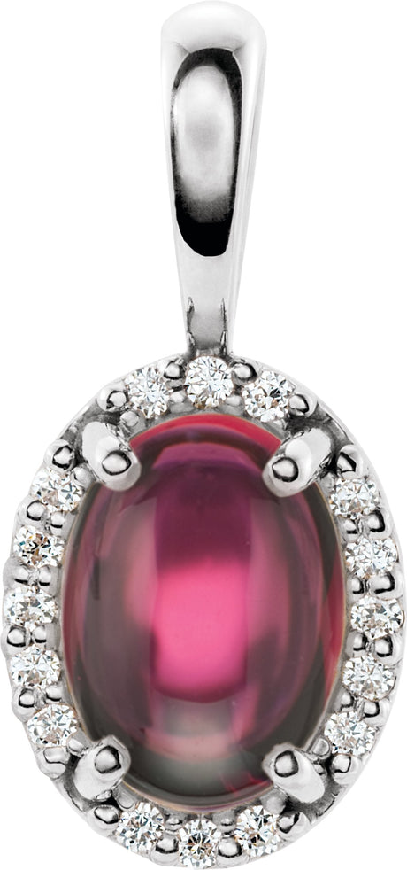 14K Gold Natural Rhodolite Garnet & Natural Diamond Oval 4-Prong Halo-Style Cabochon Pendant - White Gold
