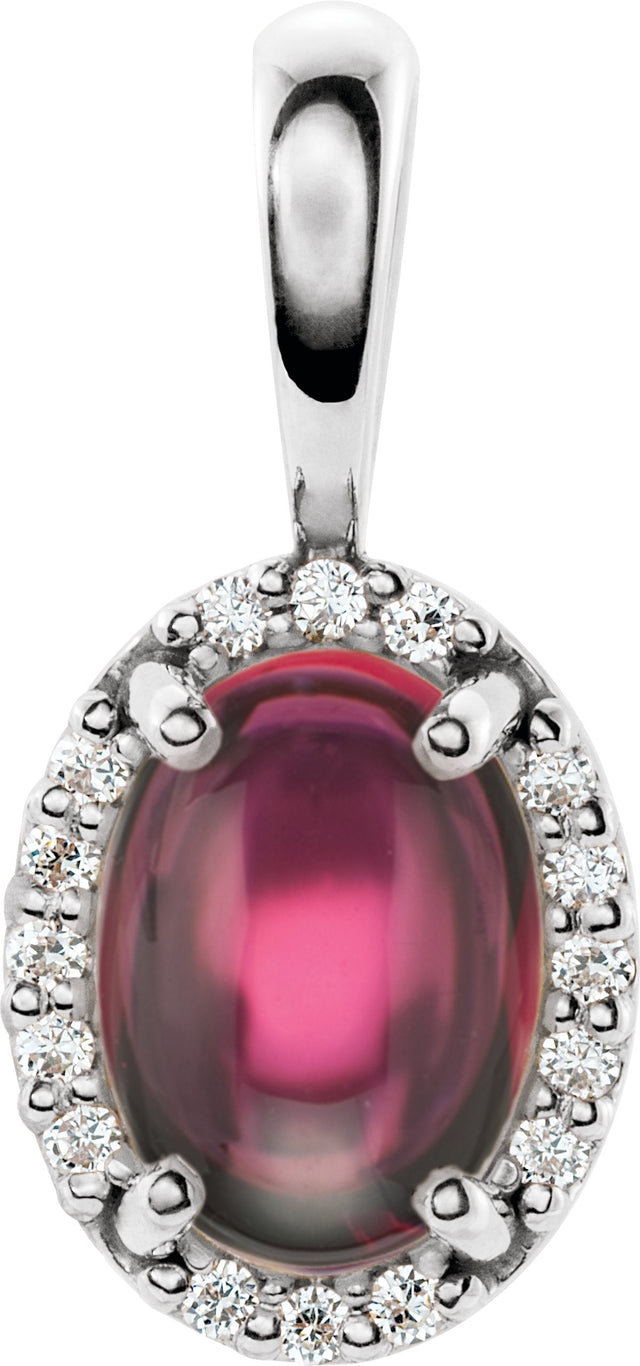 14K Gold Natural Rhodolite Garnet & Natural Diamond Oval 4-Prong Halo-Style Cabochon Pendant - White Gold